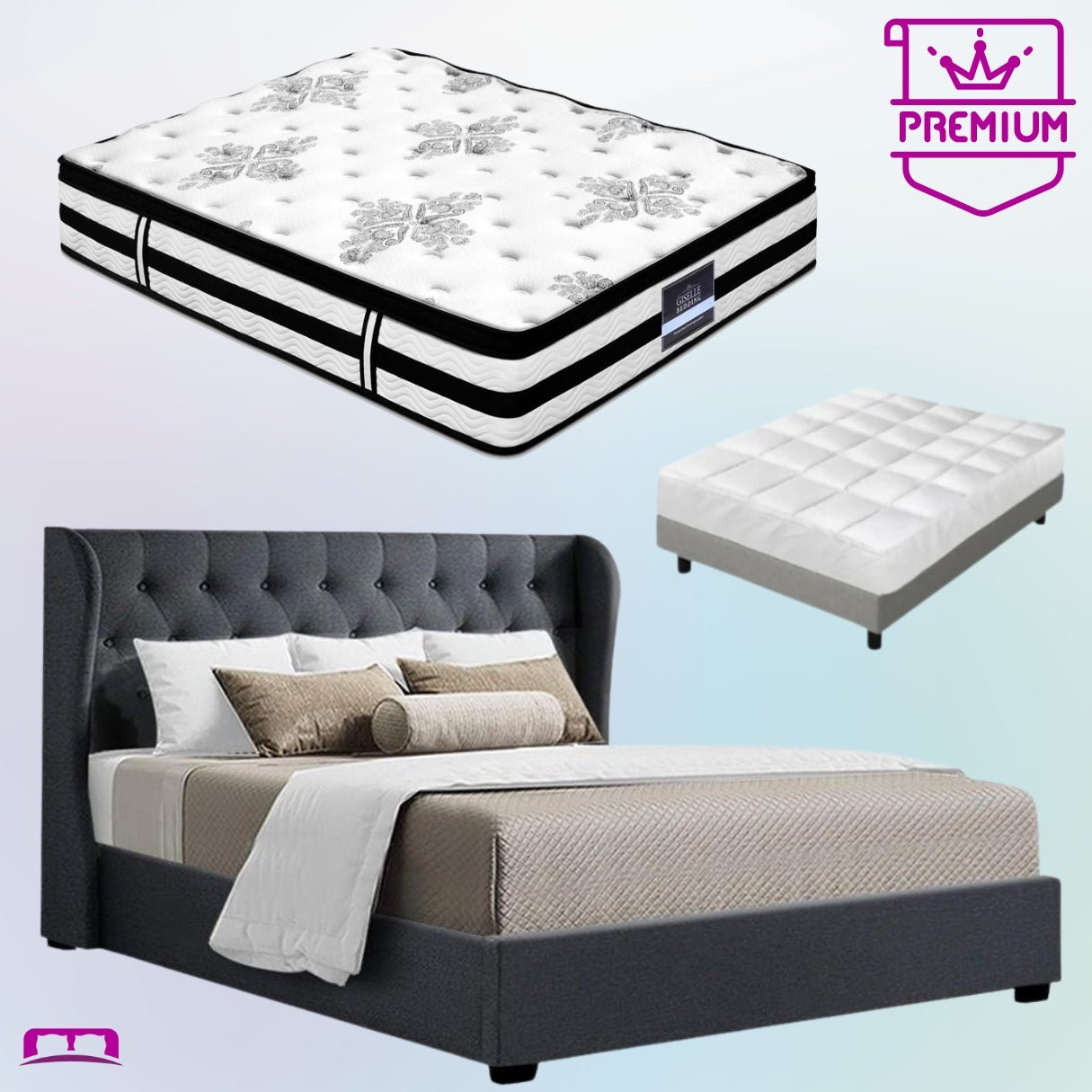 King Premium Package | Elouera Bed Charcoal, Algarve Euro Top Mattress (Medium Firm) & Bamboo Mattress Topper! - Bedzy Australia