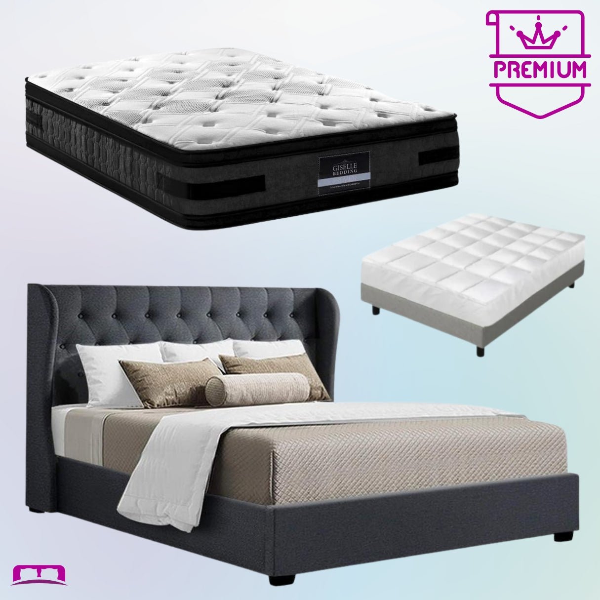 King Premium Package | Elouera Bed Charcoal, Luna Series Euro Top Mattress (Medium Firm) & Bamboo Mattress Topper! - Bedzy Australia