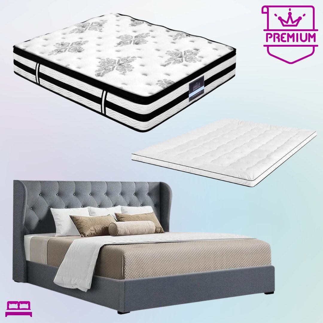 King Premium Package | Elouera Bed Grey, Algarve Euro Top Mattress (Medium Firm) & Deluxe Mattress Topper! - Bedzy Australia