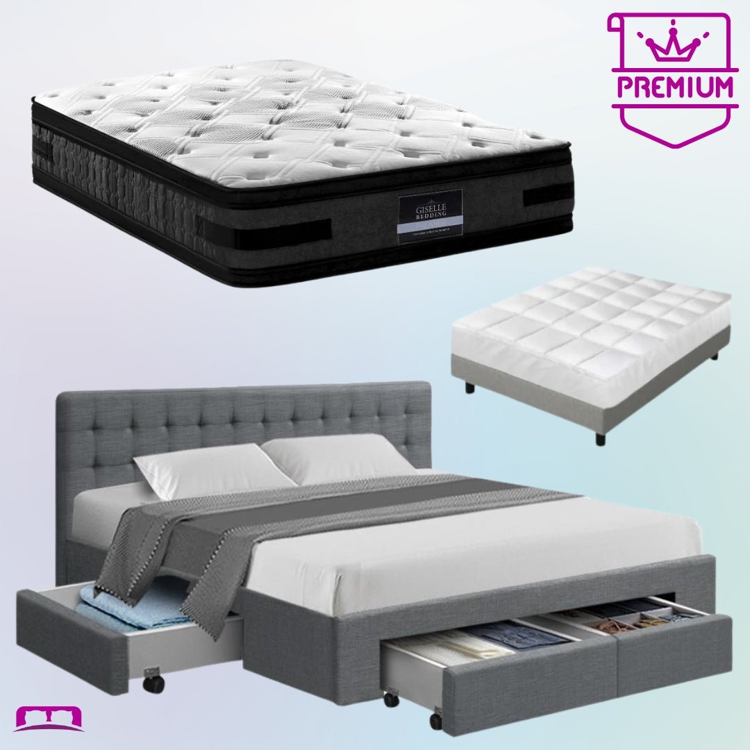 King Premium Package | Trinity Bed Grey, Luna Series Euro Top Mattress (Medium Firm) & Bamboo Mattress Topper! - Bedzy Australia