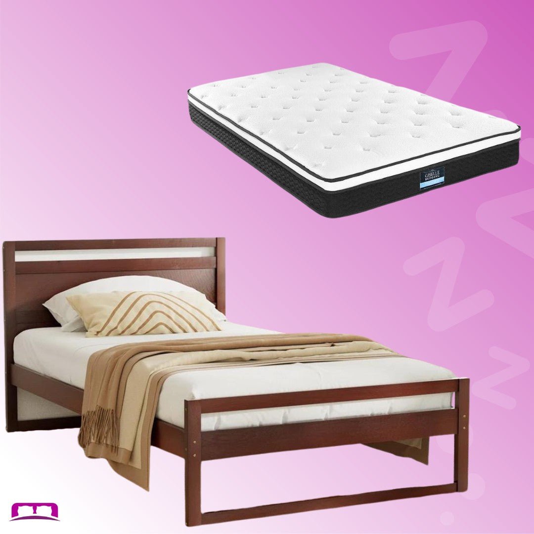 King Single Package | Witton King Single Wooden Bed Frame Walnut & Bonita Euro Top Mattress (Medium Firm) - Bedzy Australia