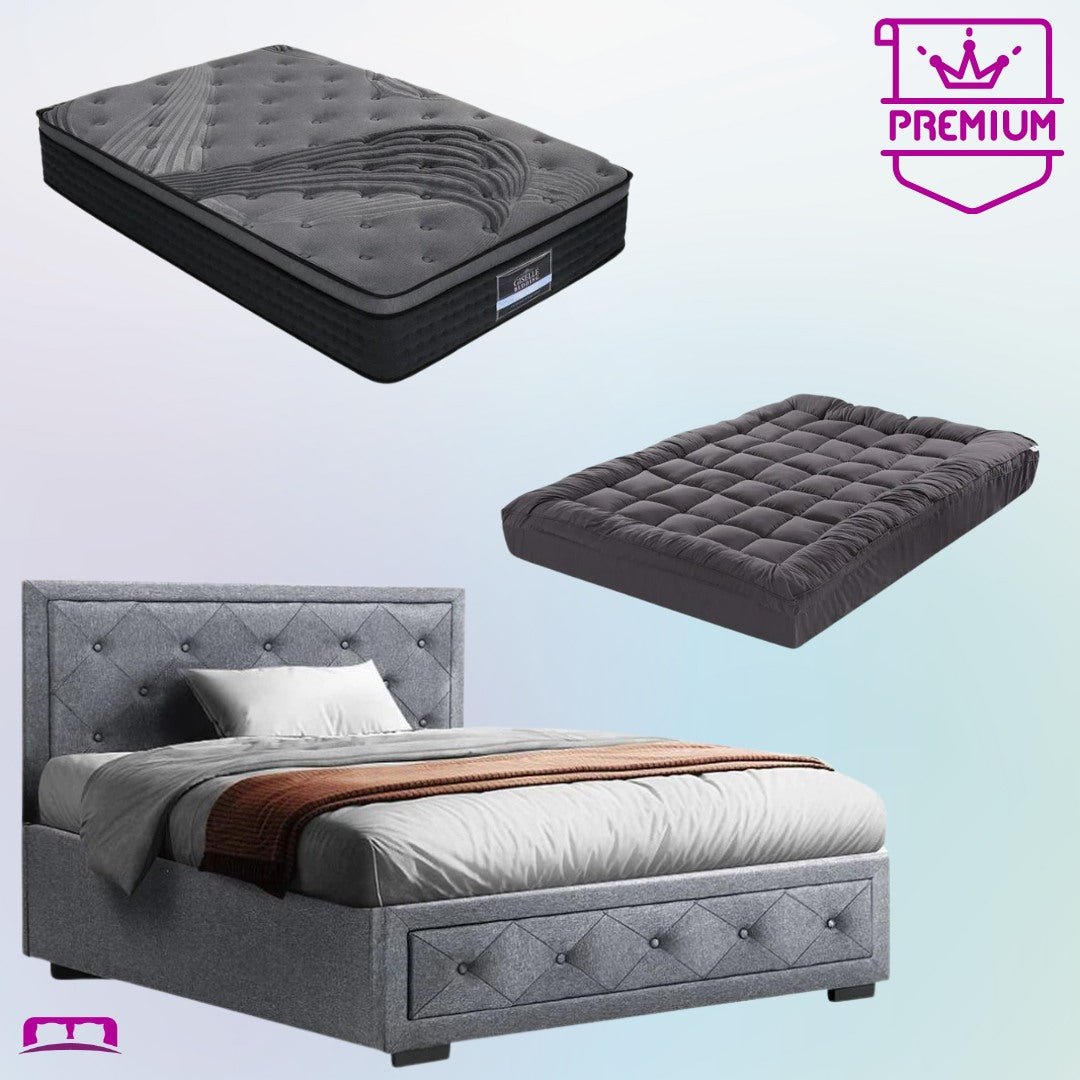 King Single Premium Package | Bronte Storage Bed Frame Grey, Alanya Euro Top Pocket Spring Mattress (Medium Firm) & Pillowtop Mattress Topper - Bedzy Australia