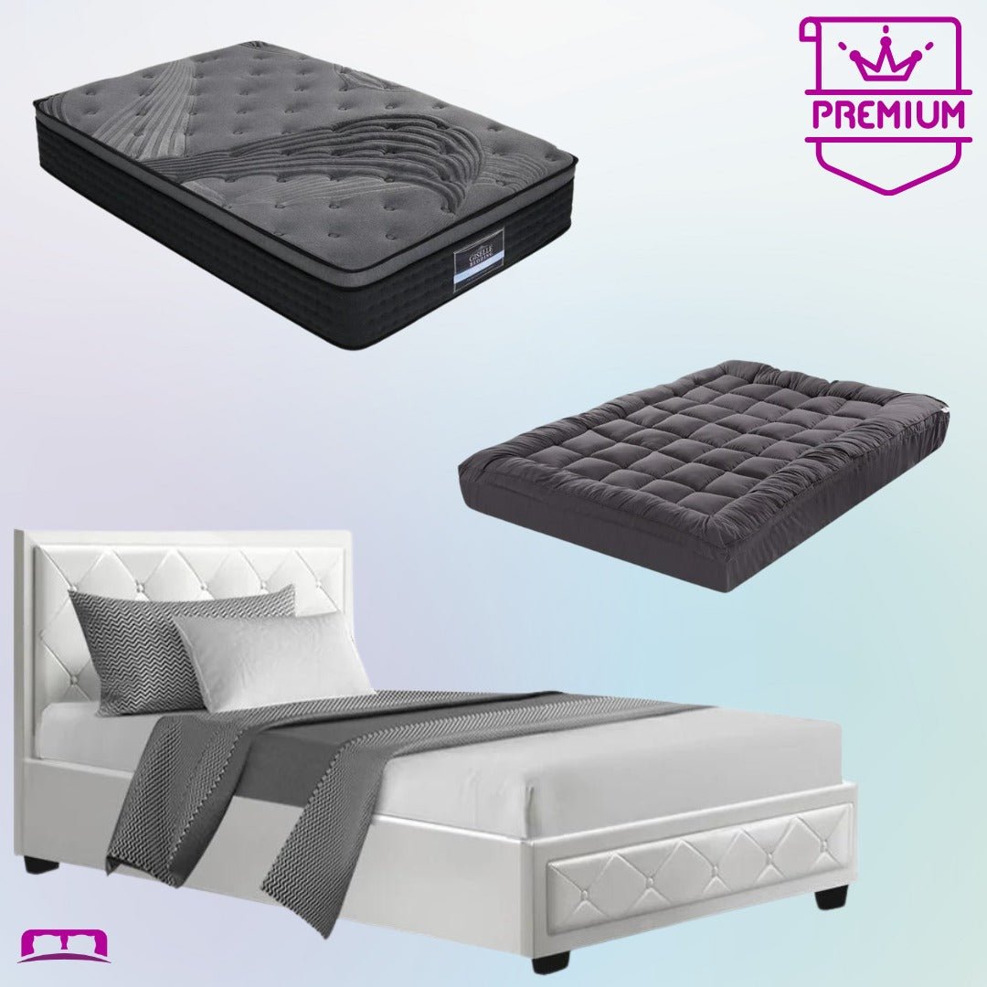 King Single Premium Package | Bronte Storage Bed Frame White, Alanya Euro Top Pocket Spring Mattress (Medium Firm) & Pillowtop Mattress Topper - Bedzy Australia