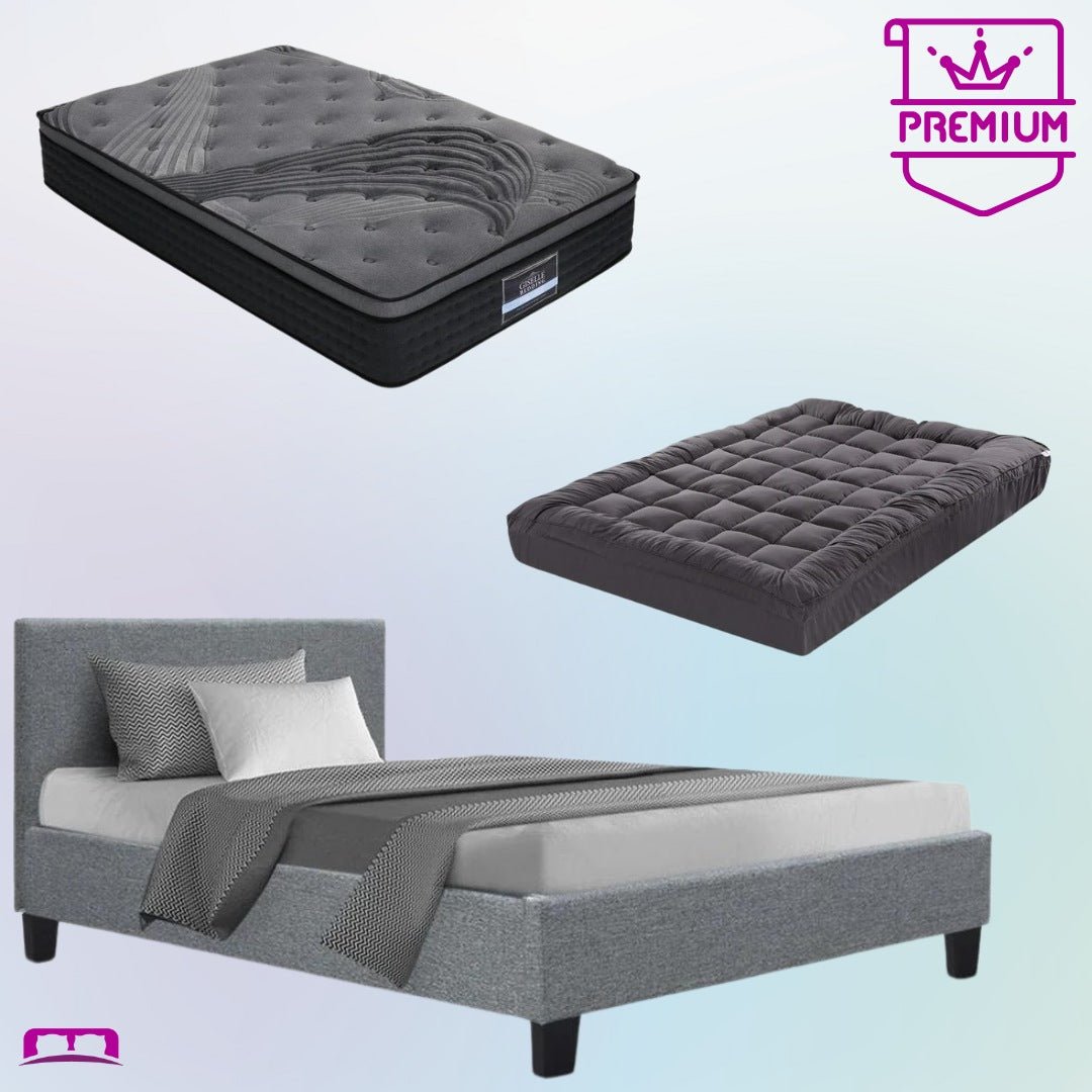 King Single Premium Package | Coogee Bed Frame Grey, Alanya Euro Top Pocket Spring Mattress (Medium Firm) & Pillowtop Mattress Topper - Bedzy Australia