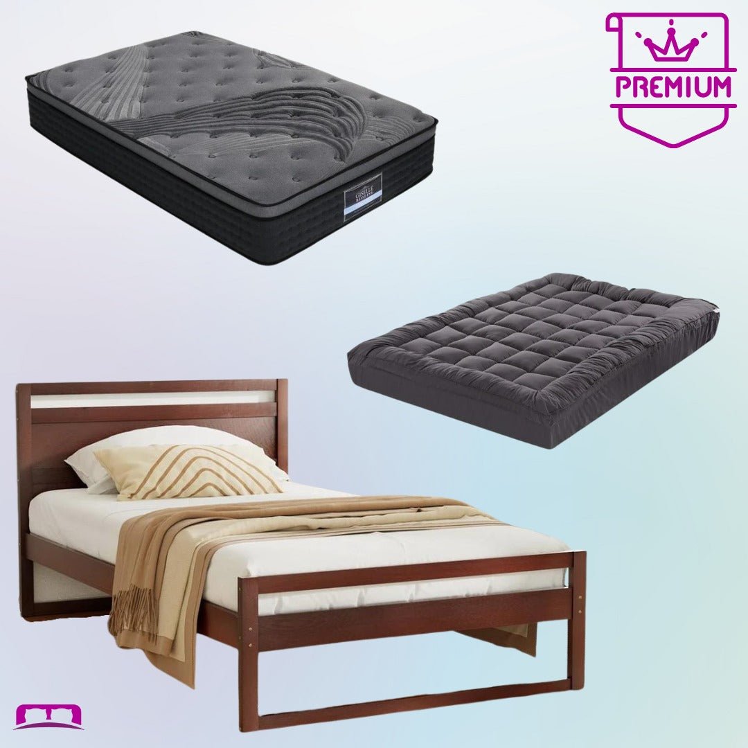 King Single Premium Package | Witton Wooden Bed Frame Walnut, Alanya Euro Top Pocket Spring Mattress (Medium Firm) & Pillowtop Mattress Topper - Bedzy Australia