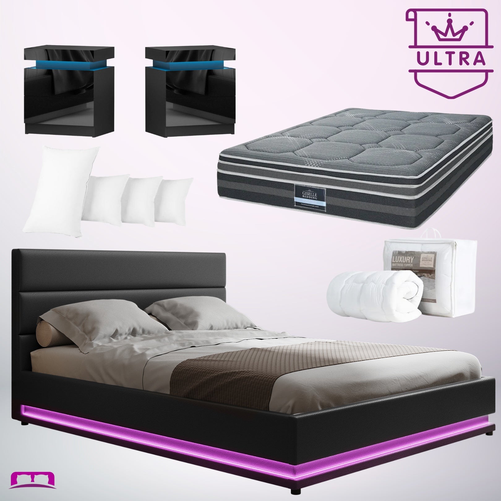 King Ultra Package | Henley LED Bed Black, 2 x LED Bedside Tables, Platinum Series Dual Euro Top Mattress, Pillowtop Mattress Topper & 4 x Pillows - Bedzy Australia