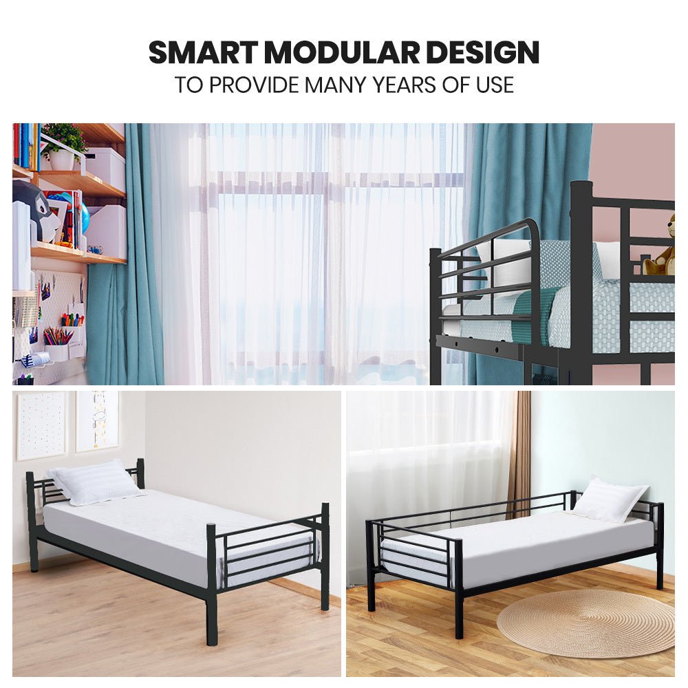 2-in-1 Single Metal Bunk Bed Frame - Dark Matte Grey - Furniture > Bedroom - Bedzy Australia