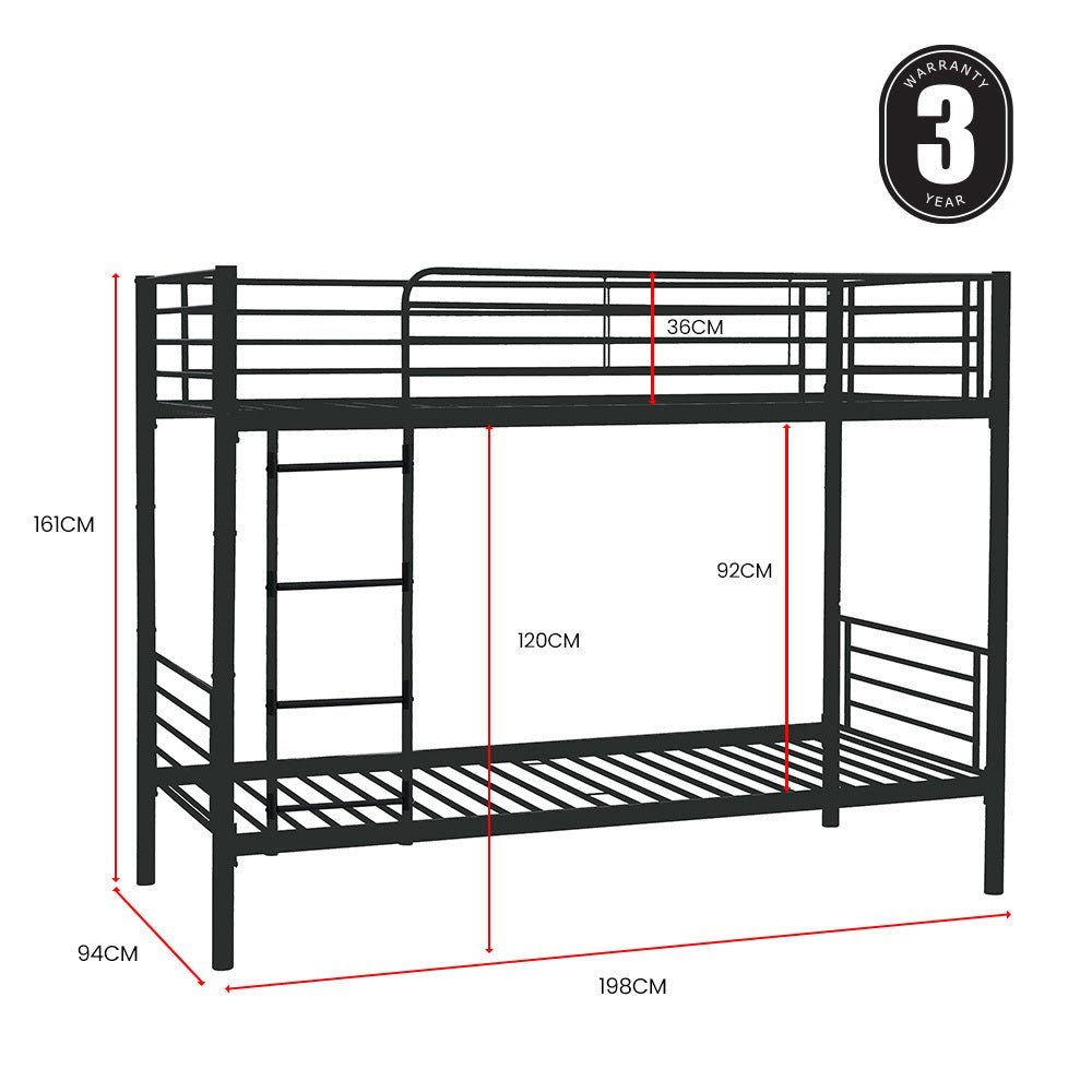 2-in-1 Single Metal Bunk Bed Frame - Dark Matte Grey - Furniture > Bedroom - Bedzy Australia