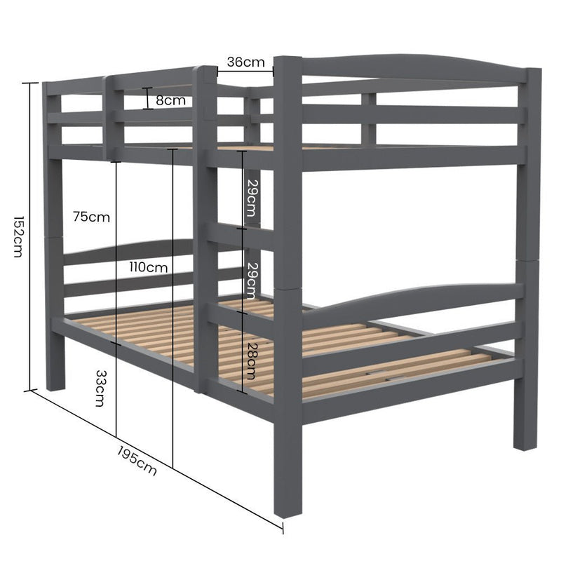 Kids Single Wooden Bunk Bed Frame - Grey Matt - Furniture > Bedroom - Bedzy Australia