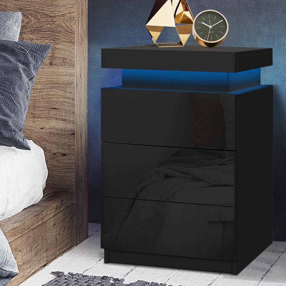 LED Bedside Table Side Table High Gloss Black - Bedzy Australia