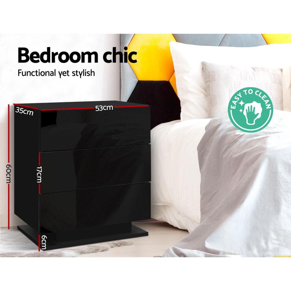 LED Light Bedside Table with 3 Drawers Gloss Black - Bedzy Australia