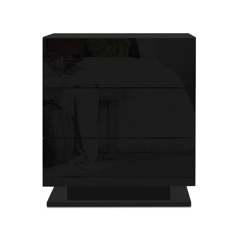 LED Light Bedside Table with 3 Drawers Gloss Black - Bedzy Australia