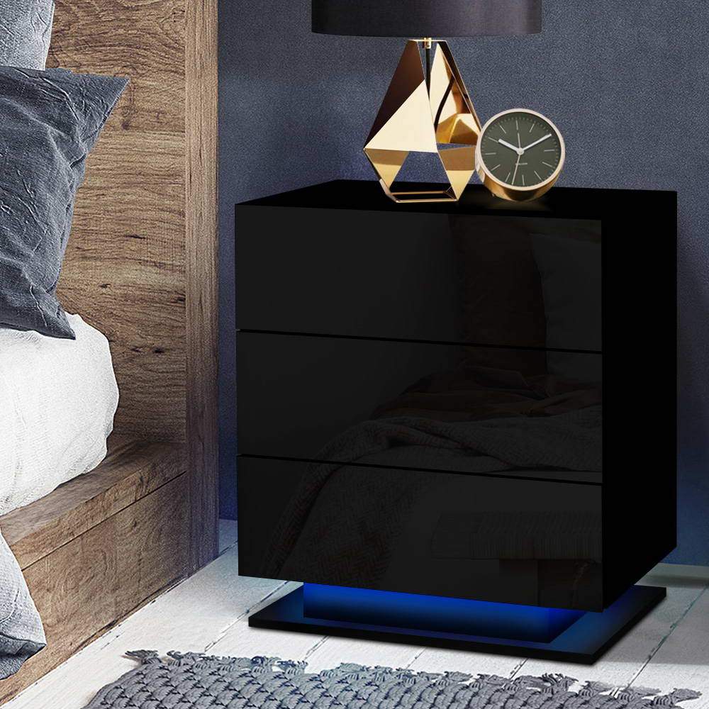 LED Light Bedside Table with 3 Drawers Gloss Black - Bedzy Australia