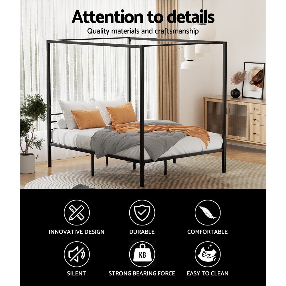 Metal Four Poster Double Size Bed Frame Black - Furniture > Bedroom - Bedzy Australia