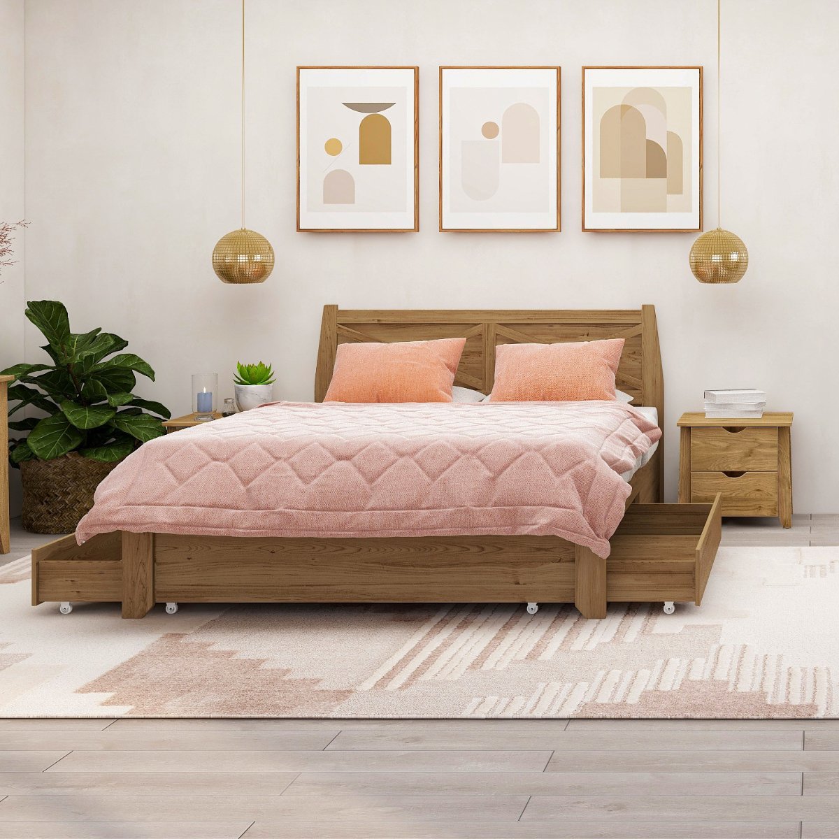 Mica Natural Double Wooden Bed Frame with Storage Drawers - Oak - Furniture > Bedroom - Bedzy Australia