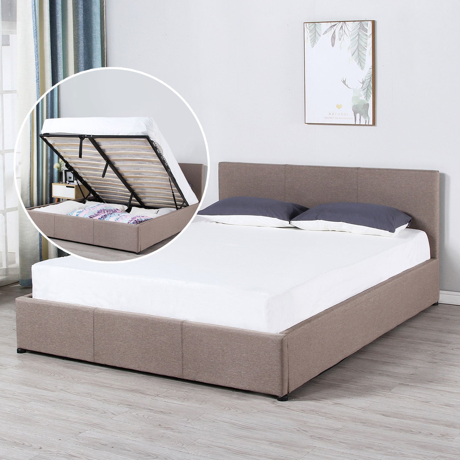 Milano Luxury Gas Lift Bed Frame w/ Headboard - Beige - King - Bedzy Australia