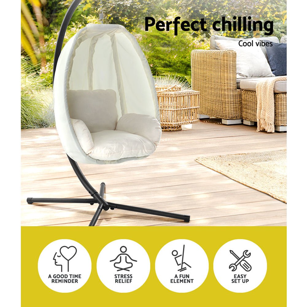 Outdoor Egg Swing Pod Chair Hammock with Stand Cream - Furniture > Outdoor - Bedzy Australia