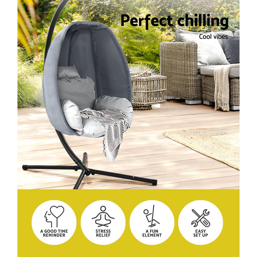 Outdoor Fabric Egg Swing Pod Chair Hammock with Stand Grey - Furniture > Outdoor - Bedzy Australia