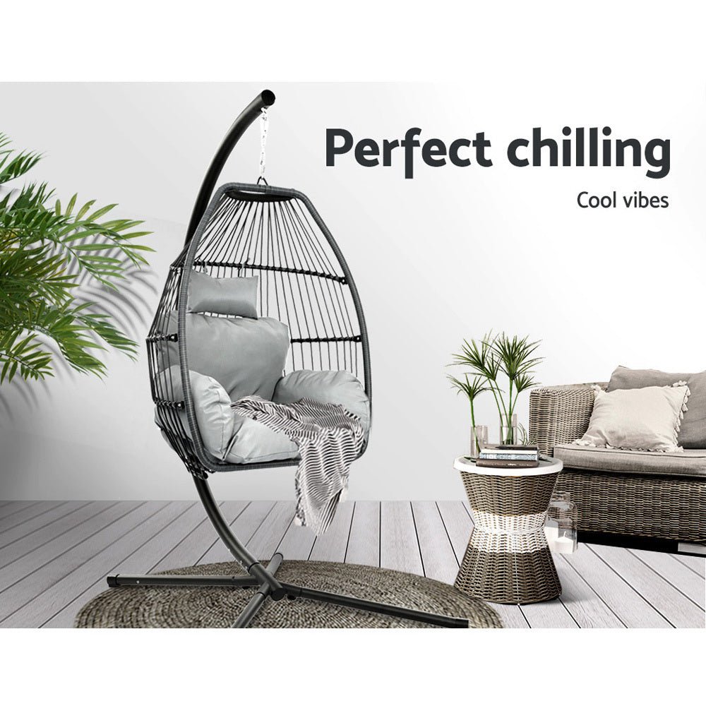 Outdoor Furniture Egg Hammock Hanging Swing Chair Stand Pod Wicker Grey - Furniture > Outdoor - Bedzy Australia