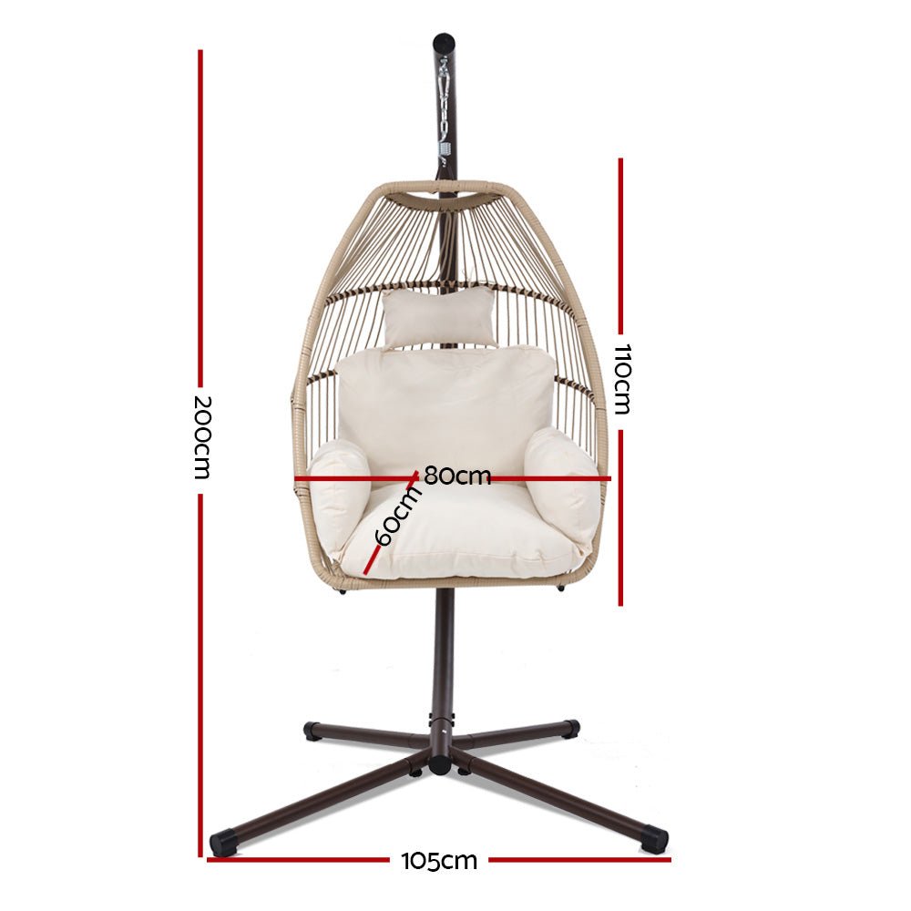 Outdoor Furniture Egg Hanging Swing Chair with Stand | Latte Wicker Rattan Hammock - Furniture > Outdoor - Bedzy Australia