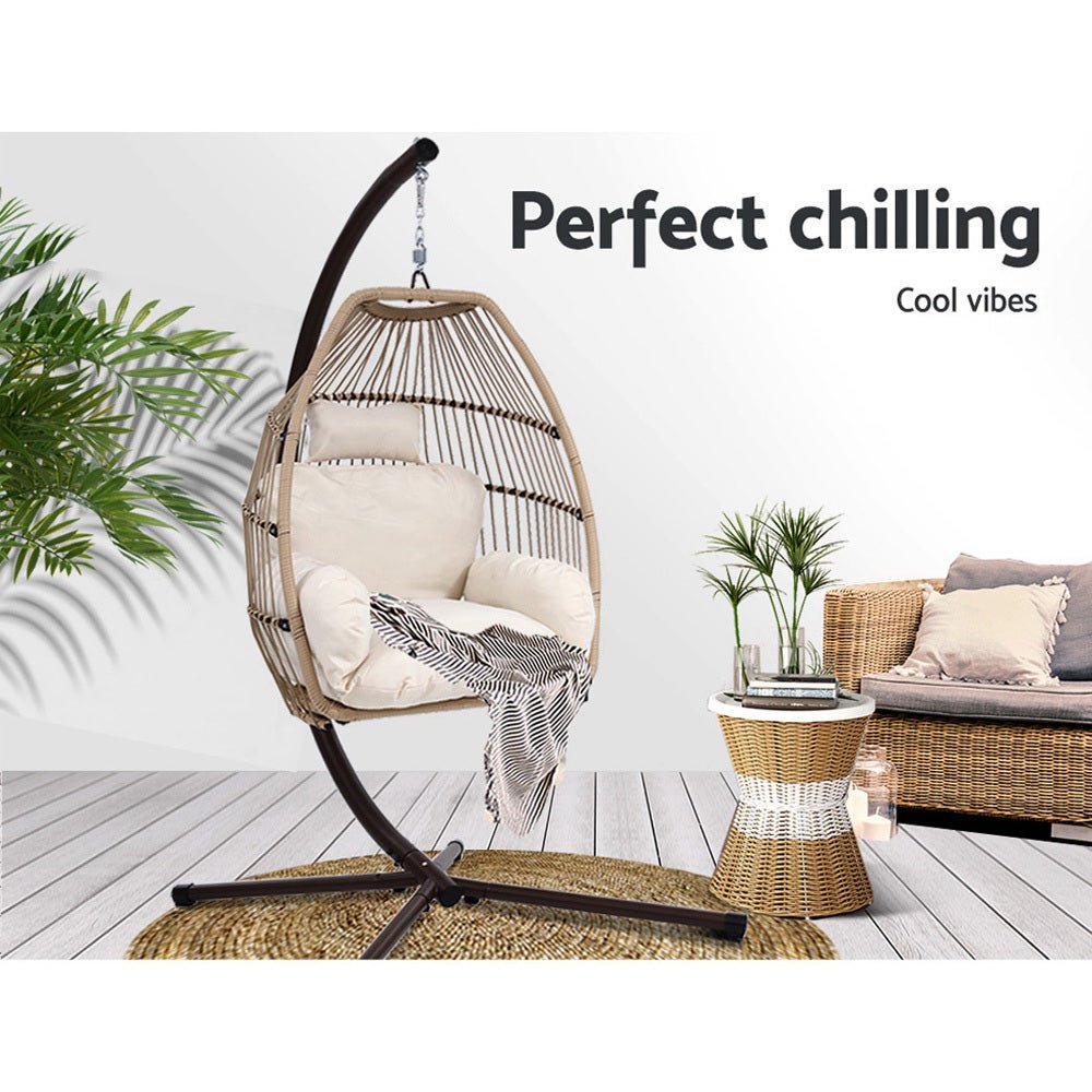 Outdoor Furniture Egg Hanging Swing Chair with Stand | Latte Wicker Rattan Hammock - Furniture > Outdoor - Bedzy Australia