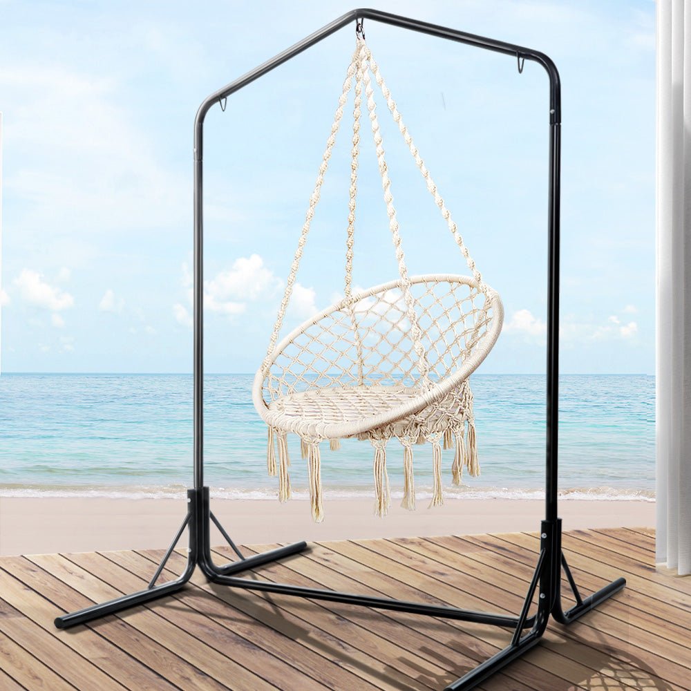 Outdoor Hammock Chair with Stand Cotton Swing Relax Hanging 124CM Cream - Furniture > Outdoor - Bedzy Australia