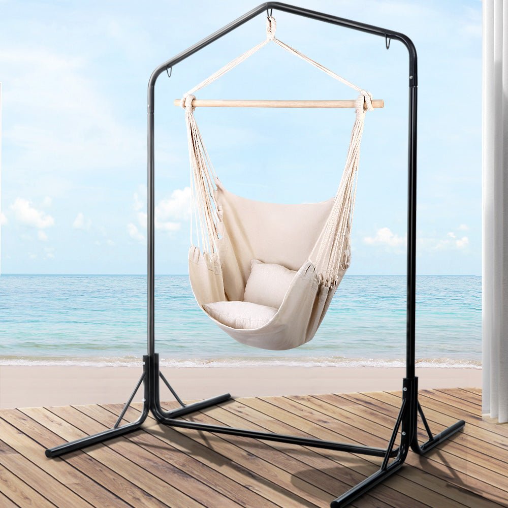 Outdoor Hammock Chair with Stand Hanging Hammock with Pillow Cream - Furniture > Outdoor - Bedzy Australia