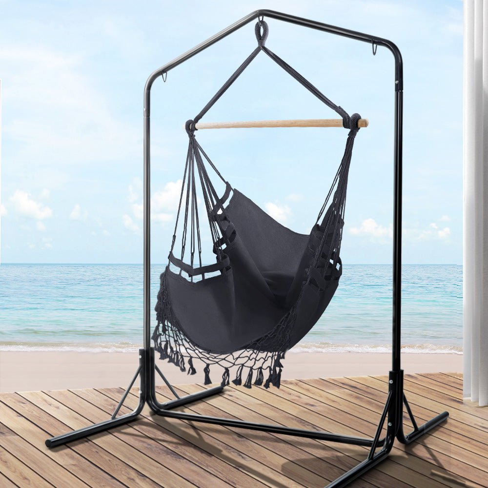 Outdoor Hammock Chair with Stand Tassel Hanging Rope Hammocks Grey - Furniture > Outdoor - Bedzy Australia