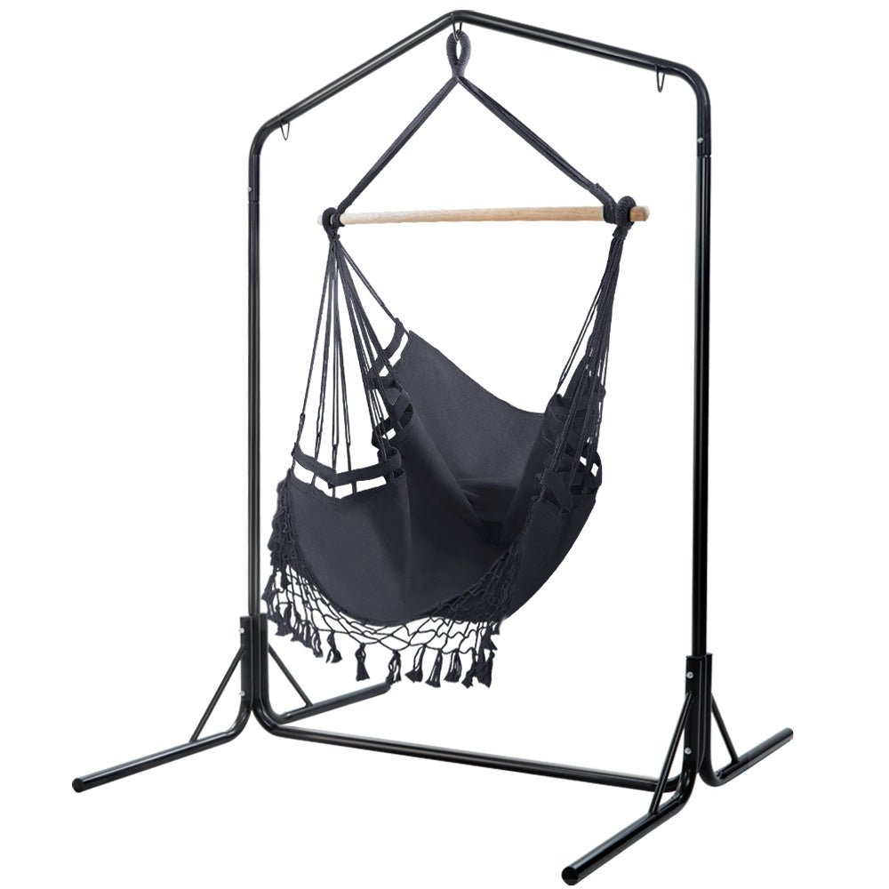 Outdoor Hammock Chair with Stand Tassel Hanging Rope Hammocks Grey - Furniture > Outdoor - Bedzy Australia