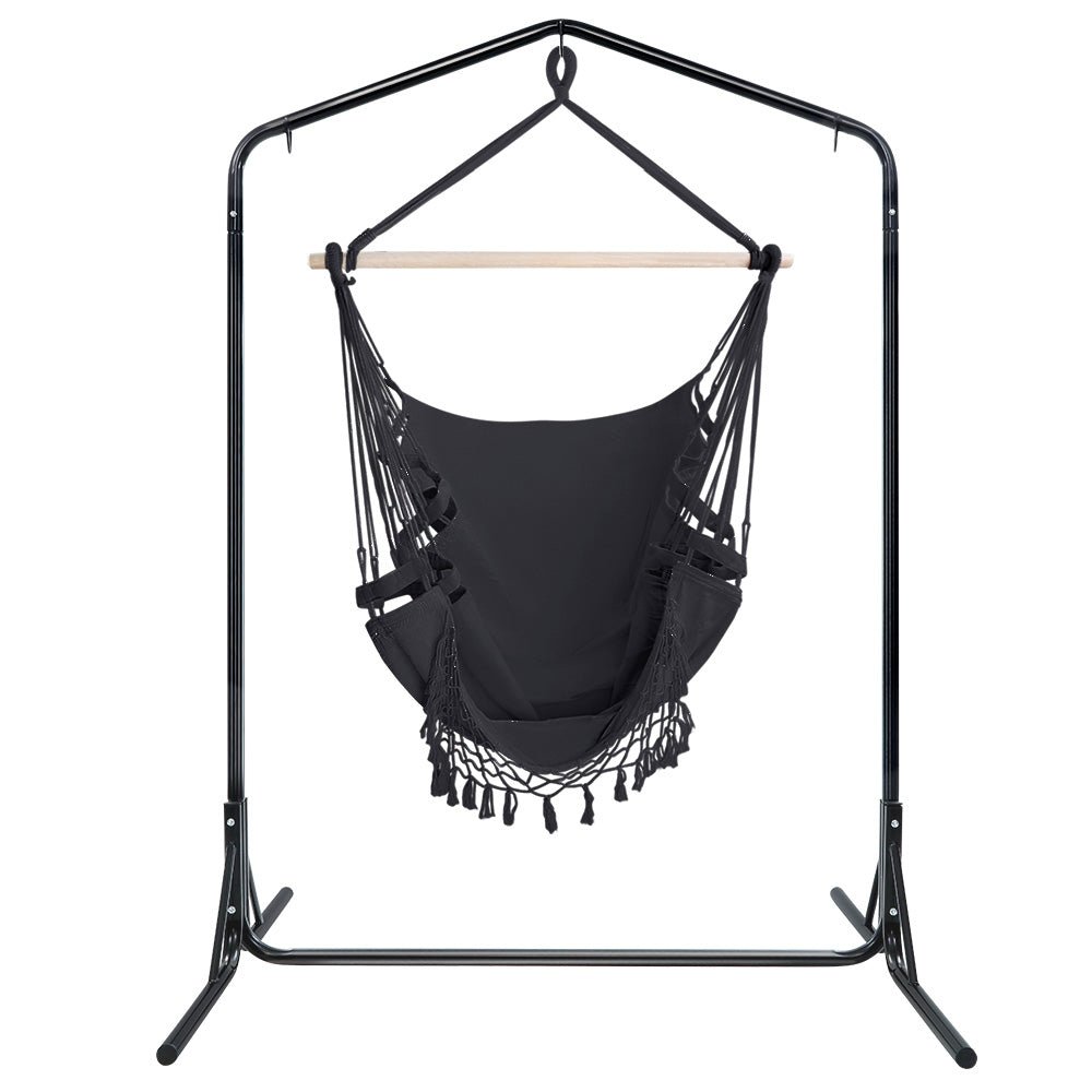 Outdoor Hammock Chair with Stand Tassel Hanging Rope Hammocks Grey - Furniture > Outdoor - Bedzy Australia