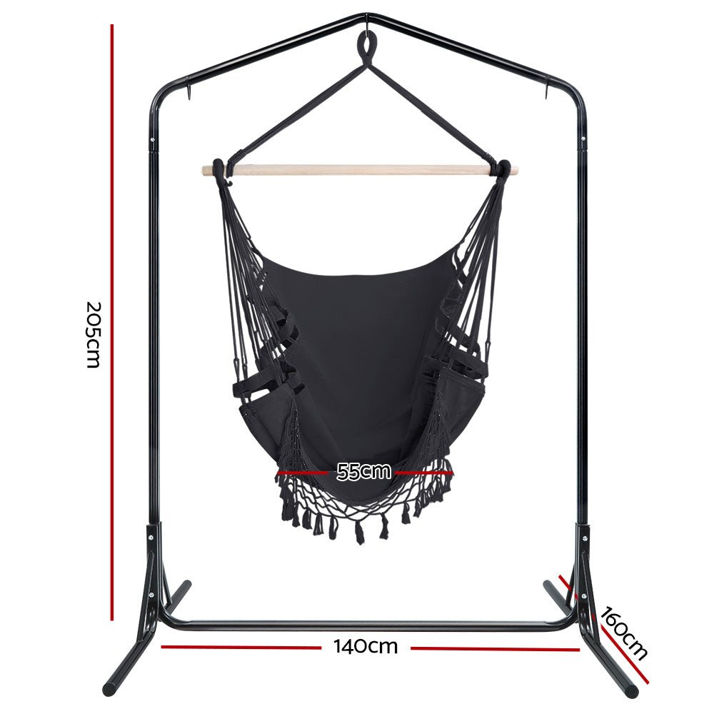 Outdoor Hammock Chair with Stand Tassel Hanging Rope Hammocks Grey - Furniture > Outdoor - Bedzy Australia