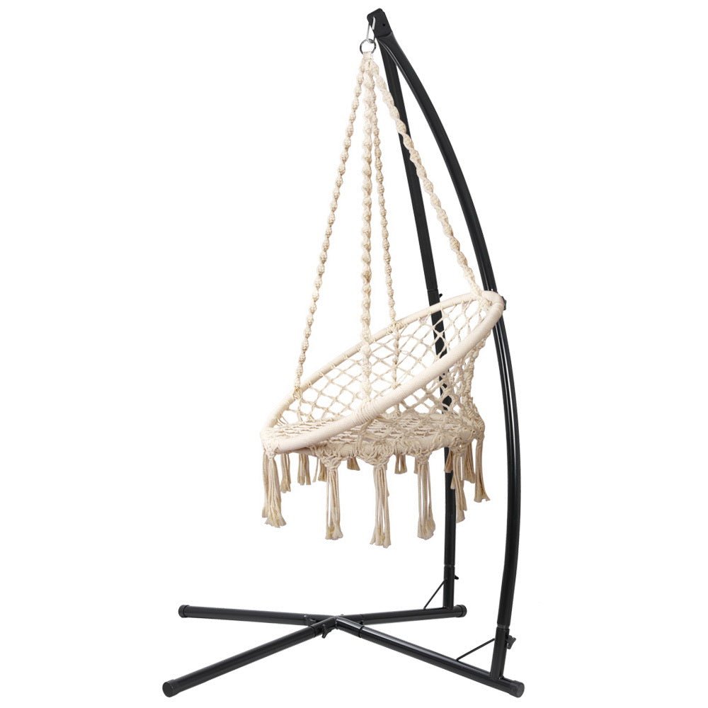 Outdoor Hammock Chair with Steel Stand Cotton Swing Hanging 124CM Cream - Furniture > Outdoor - Bedzy Australia