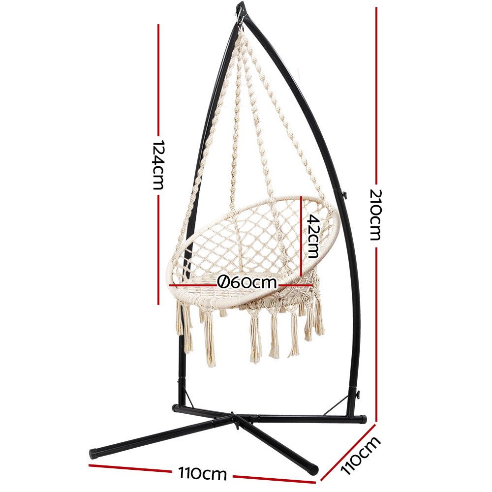 Outdoor Hammock Chair with Steel Stand Cotton Swing Hanging 124CM Cream - Furniture > Outdoor - Bedzy Australia