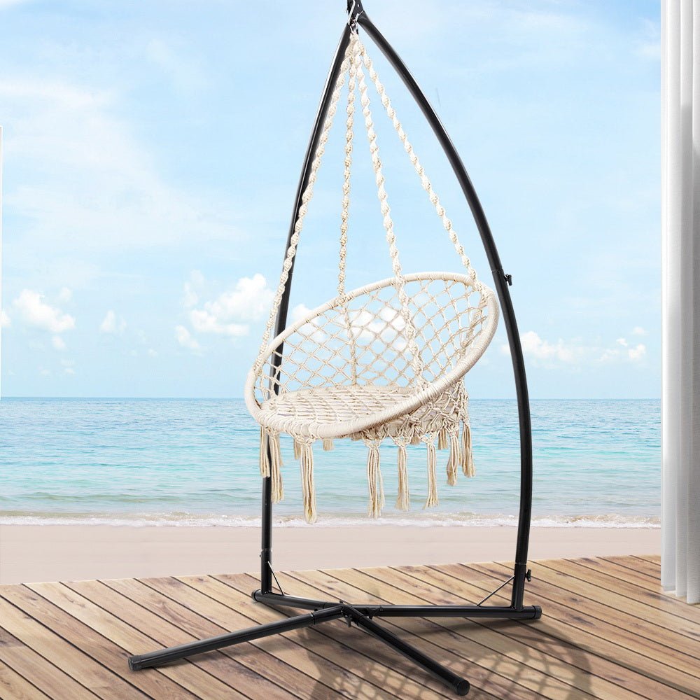 Outdoor Hammock Chair with Steel Stand Cotton Swing Hanging 124CM Cream - Furniture > Outdoor - Bedzy Australia