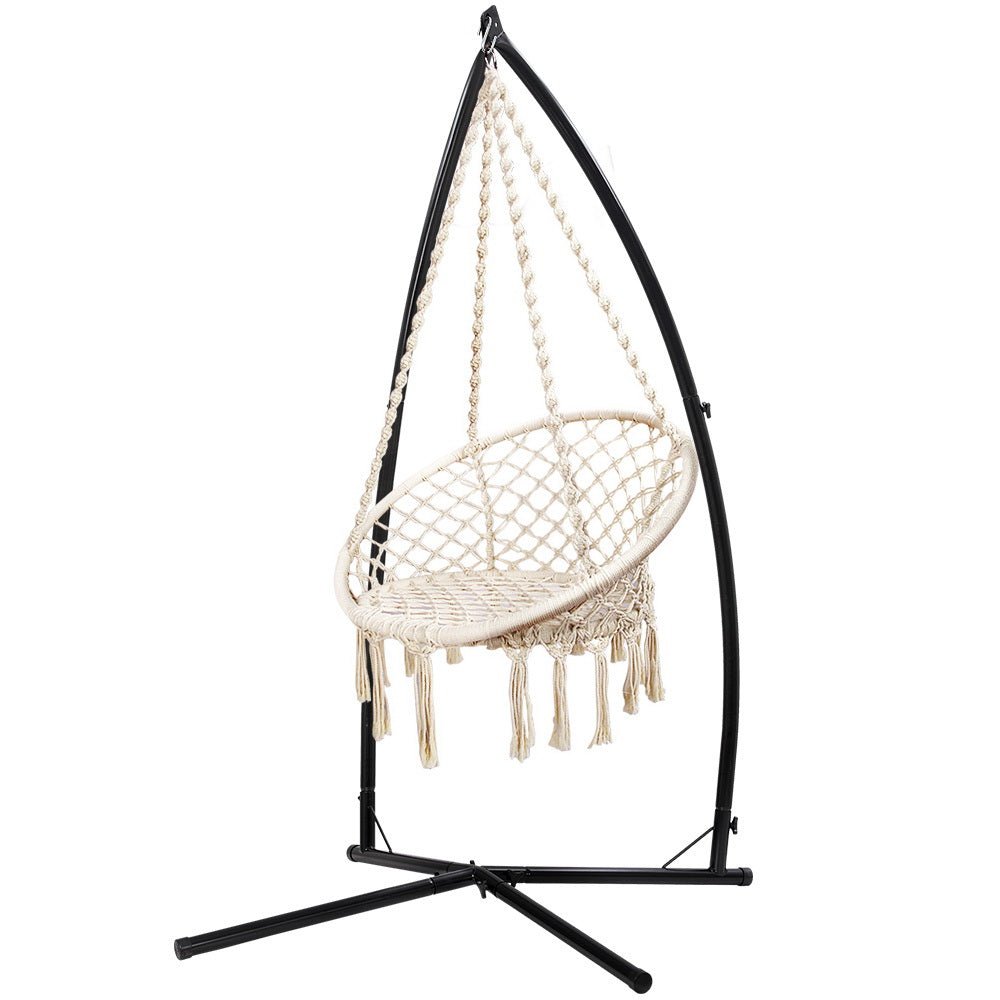 Outdoor Hammock Chair with Steel Stand Cotton Swing Hanging 124CM Cream - Furniture > Outdoor - Bedzy Australia