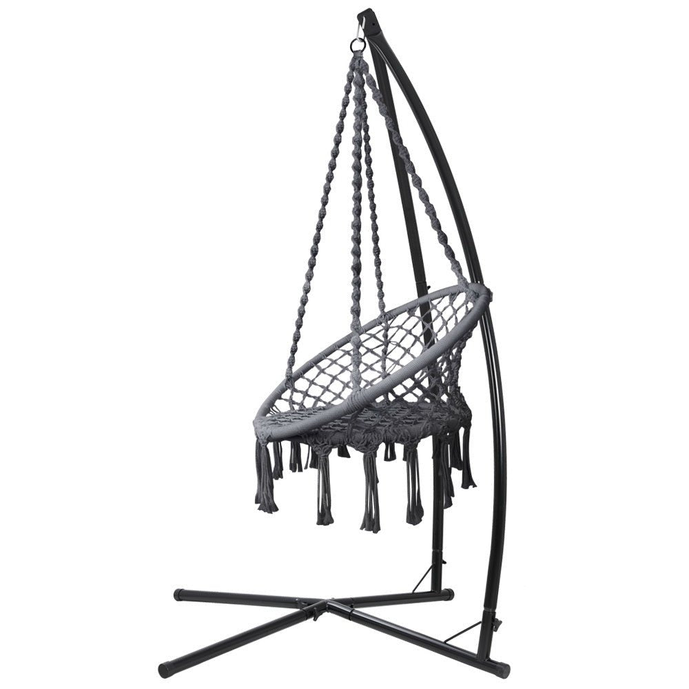 Outdoor Hammock Chair with Steel Stand Cotton Swing Hanging 124CM Grey - Furniture > Outdoor - Bedzy Australia