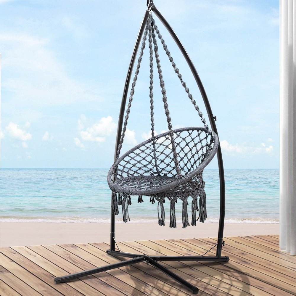 Outdoor Hammock Chair with Steel Stand Cotton Swing Hanging 124CM Grey - Furniture > Outdoor - Bedzy Australia