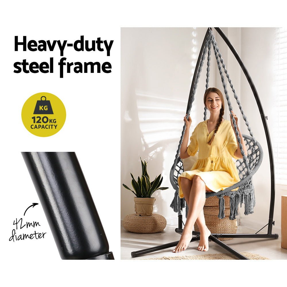 Outdoor Hammock Chair with Steel Stand Cotton Swing Hanging 124CM Grey - Furniture > Outdoor - Bedzy Australia