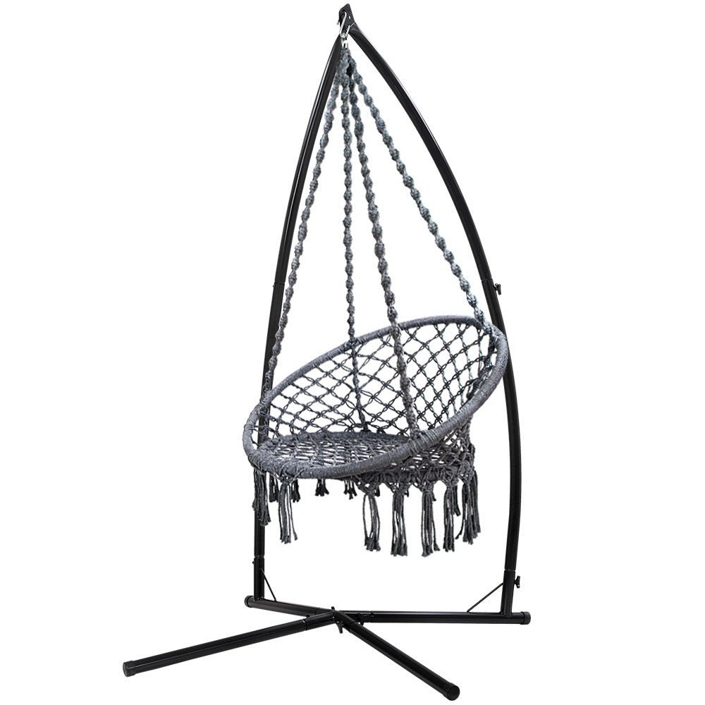 Outdoor Hammock Chair with Steel Stand Cotton Swing Hanging 124CM Grey - Furniture > Outdoor - Bedzy Australia