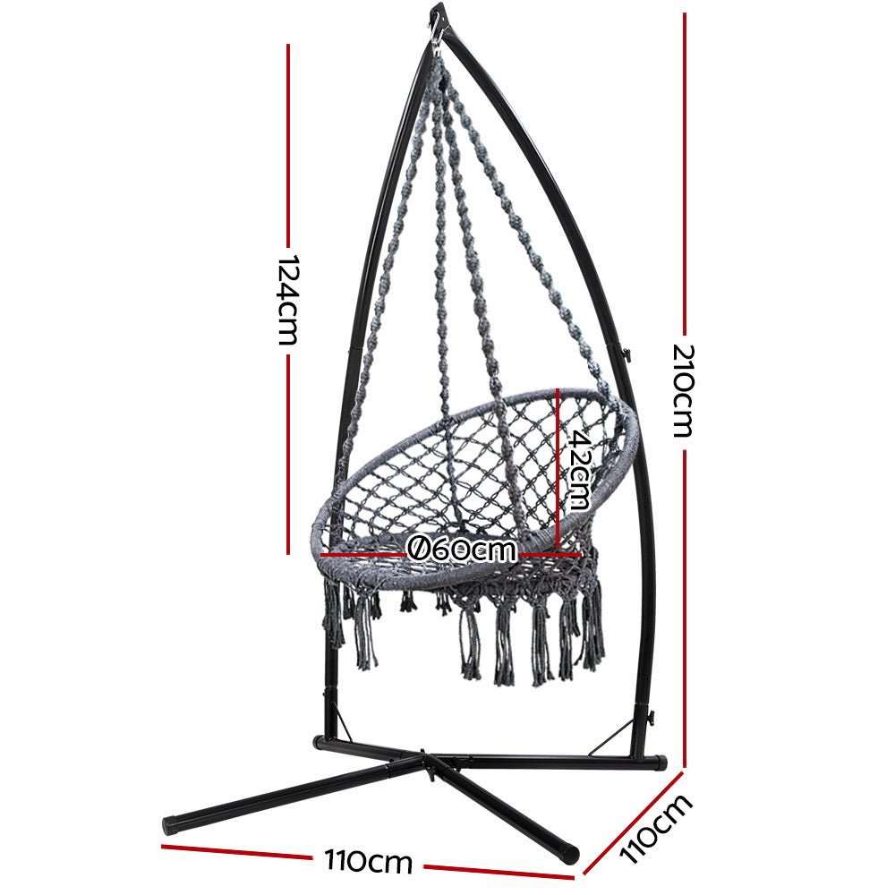 Outdoor Hammock Chair with Steel Stand Cotton Swing Hanging 124CM Grey - Furniture > Outdoor - Bedzy Australia