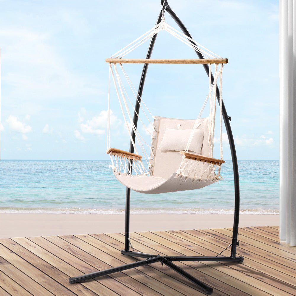 Outdoor Hammock Chair with Steel Stand Hanging Hammock Beach Cream - Furniture > Outdoor - Bedzy Australia