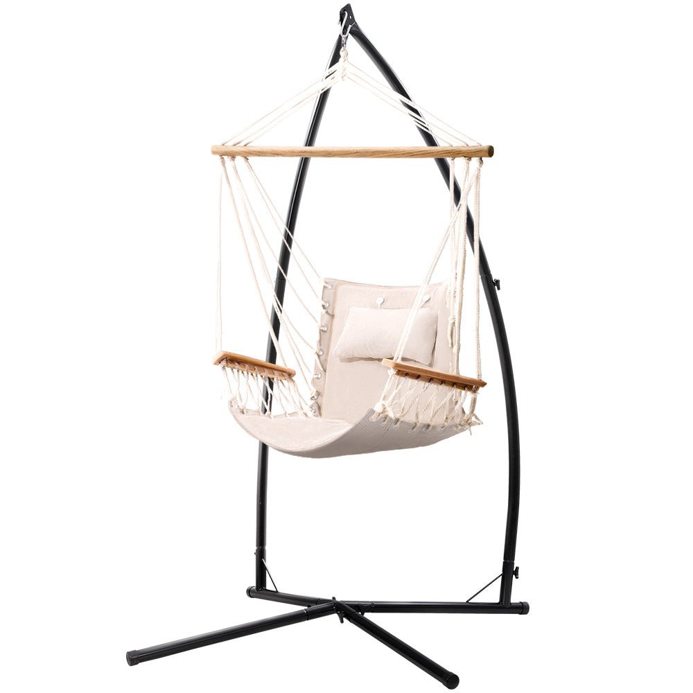 Outdoor Hammock Chair with Steel Stand Hanging Hammock Beach Cream - Furniture > Outdoor - Bedzy Australia