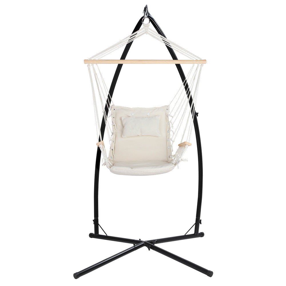 Outdoor Hammock Chair with Steel Stand Hanging Hammock Beach Cream - Furniture > Outdoor - Bedzy Australia