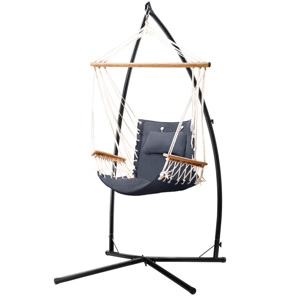 Outdoor Hammock Chair with Steel Stand Hanging Hammock Beach Grey - Furniture > Outdoor - Bedzy Australia