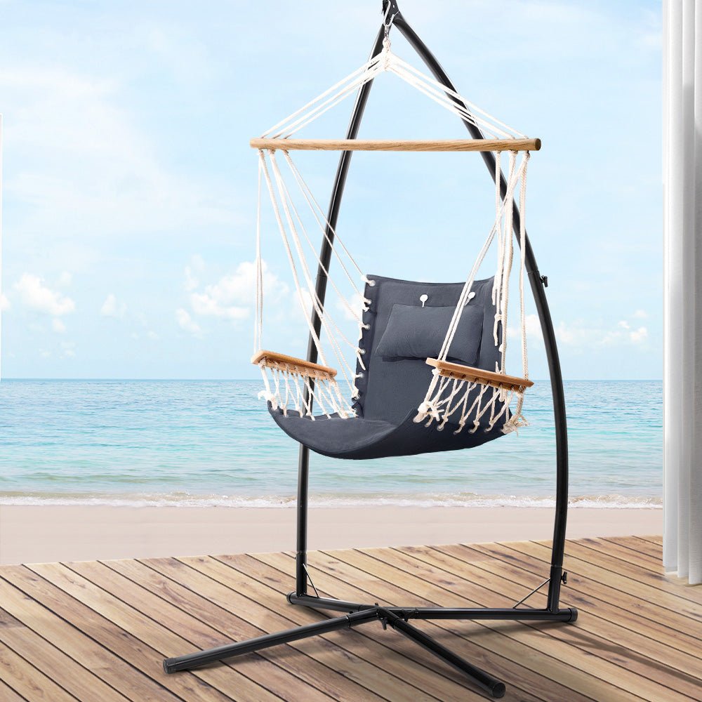 Outdoor Hammock Chair with Steel Stand Hanging Hammock Beach Grey - Furniture > Outdoor - Bedzy Australia