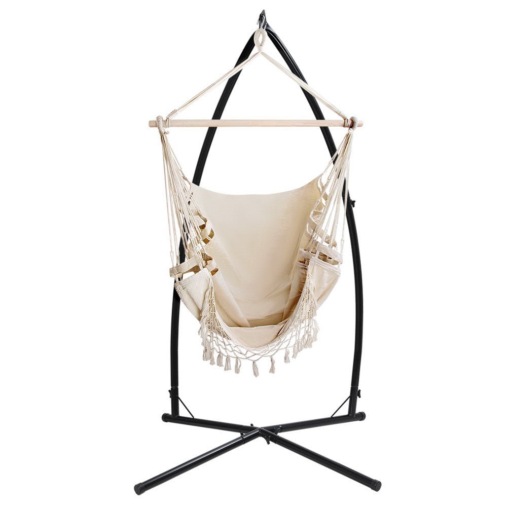 Outdoor Hammock Chair with Steel Stand Tassel Hanging Rope Hammock Cream - Furniture > Outdoor - Bedzy Australia