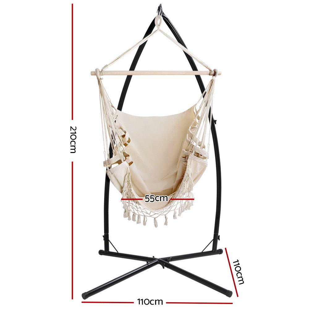 Outdoor Hammock Chair with Steel Stand Tassel Hanging Rope Hammock Cream - Furniture > Outdoor - Bedzy Australia