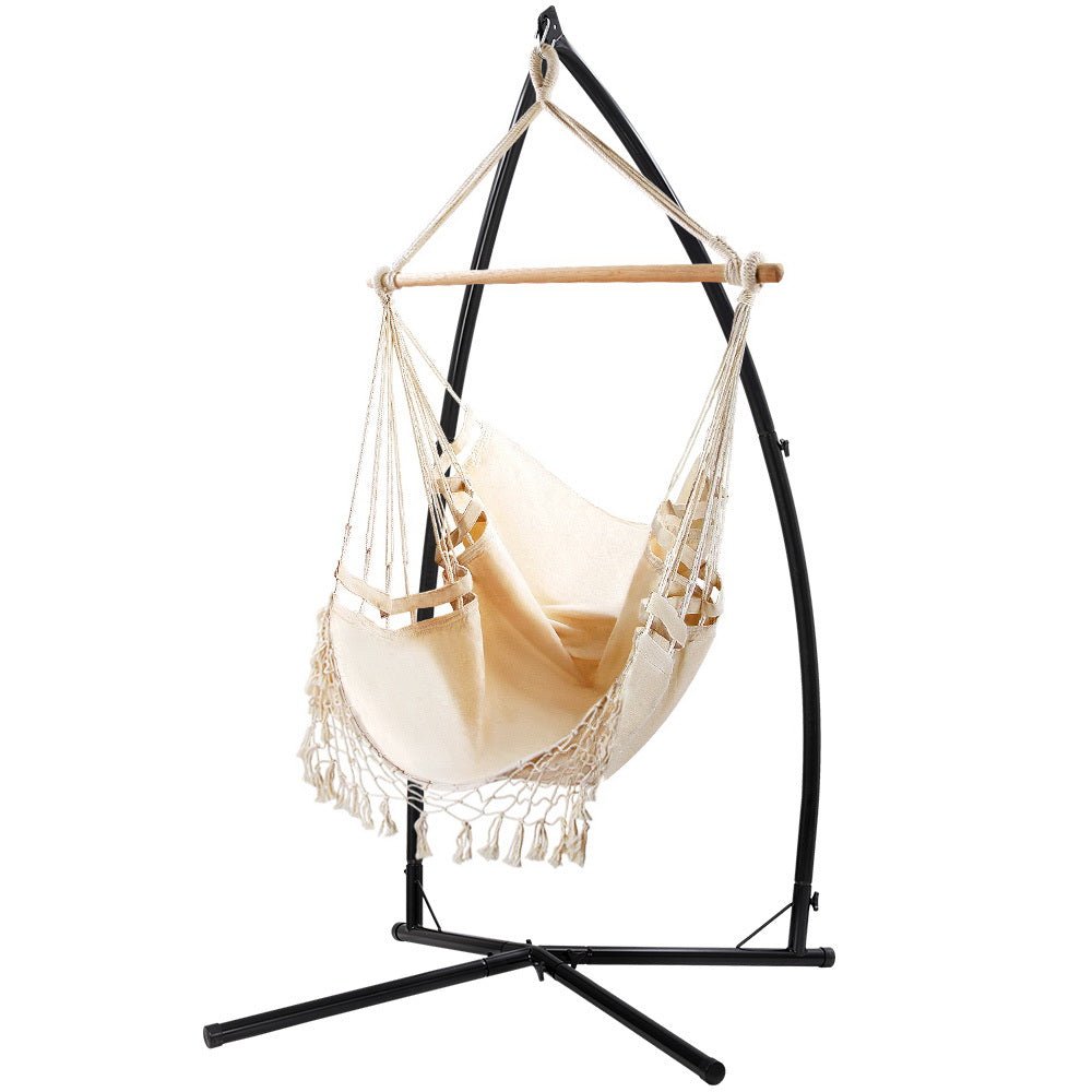 Outdoor Hammock Chair with Steel Stand Tassel Hanging Rope Hammock Cream - Furniture > Outdoor - Bedzy Australia