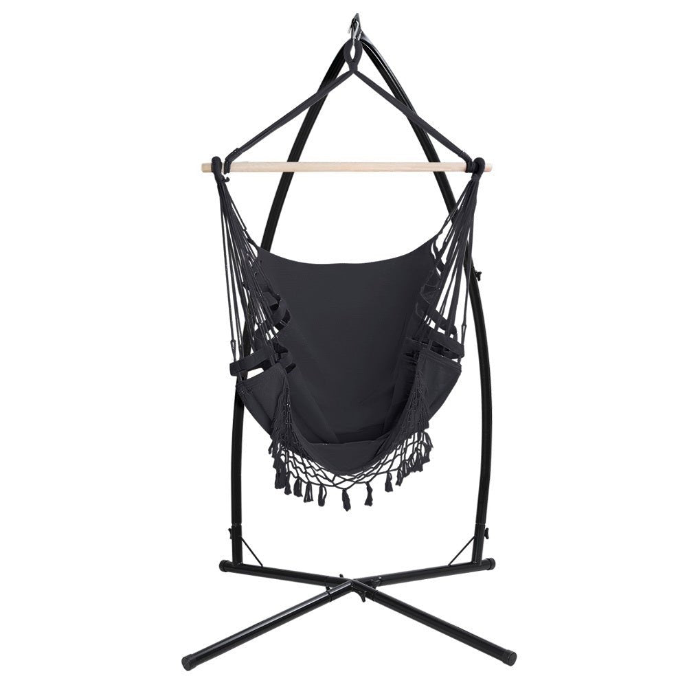 Outdoor Rope Hammock Chair with Steel Stand Grey - Furniture > Outdoor - Bedzy Australia