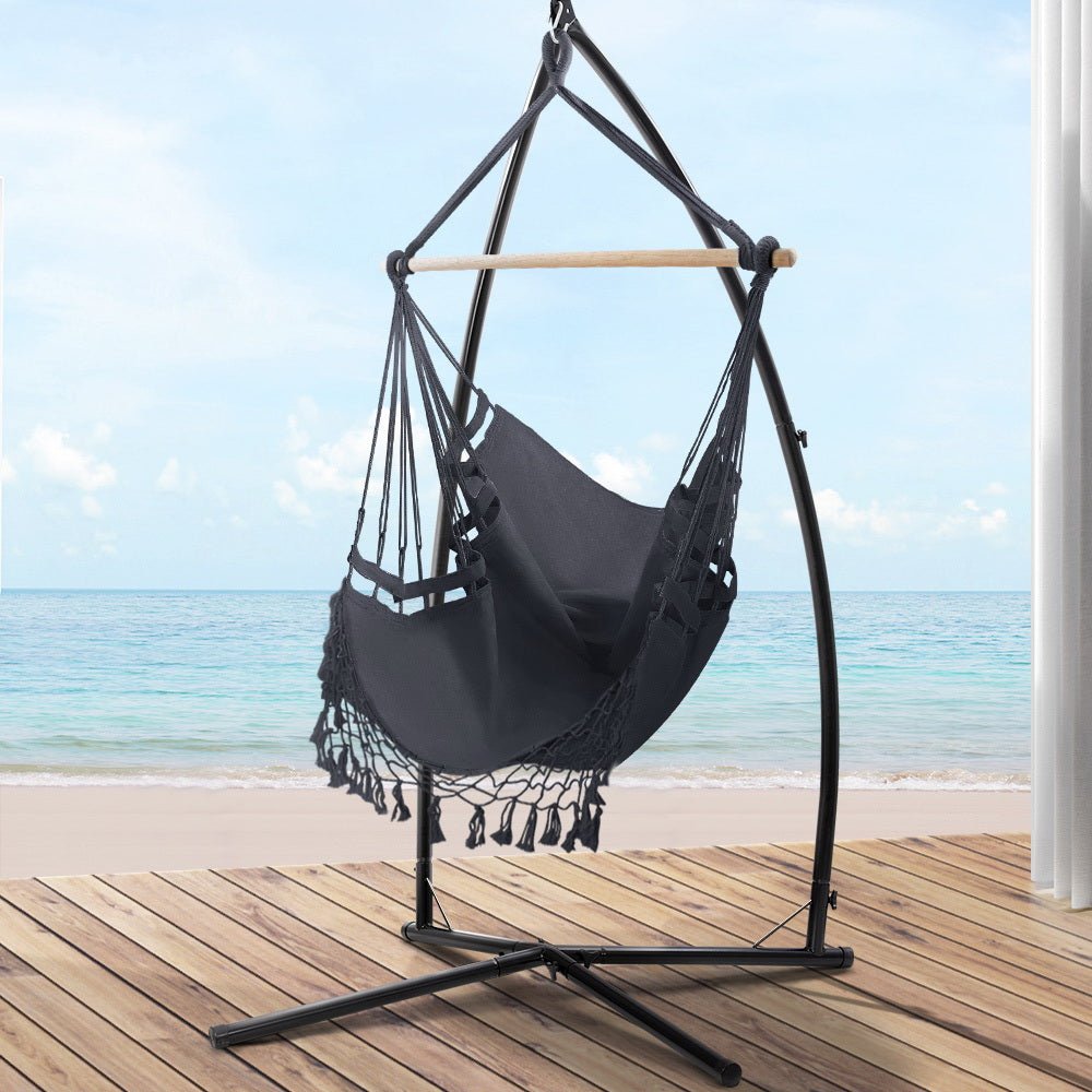 Outdoor Rope Hammock Chair with Steel Stand Grey - Furniture > Outdoor - Bedzy Australia